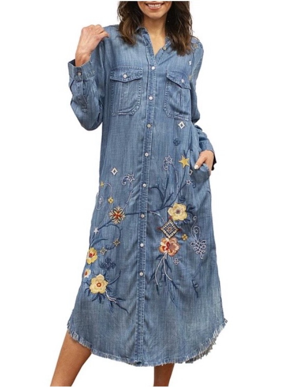 Kyla Seo Floral Embroidered Denim Shirt Dress Midi Sz x- Small